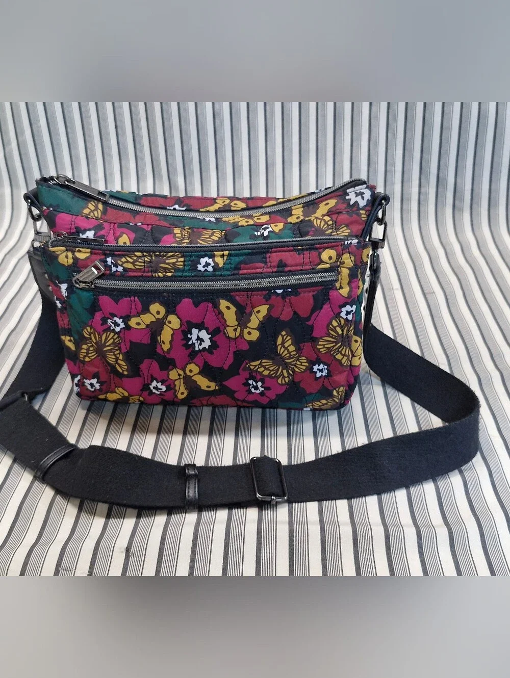 Quilted Floral Butterfly Crossbody Bag Adjustable Strap Multi Pocket Colorful